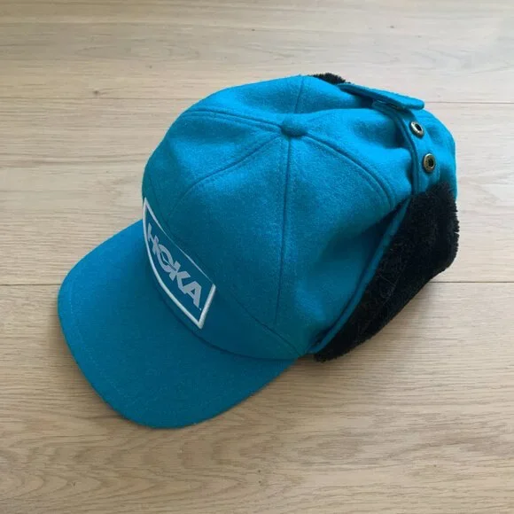 HOKA ONE ONE Wool Aviator Trapper Hat Blue Winter Ear Flap Ski Outdoor Cap - Picture 2 of 14